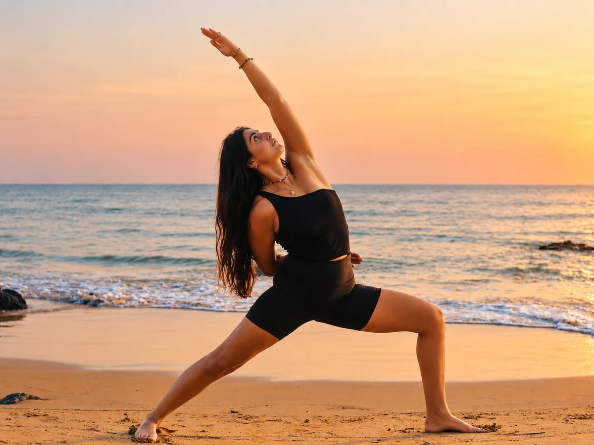 Lauriane dans une posture de yoga sur la plage, face à la mer au coucher du soleil